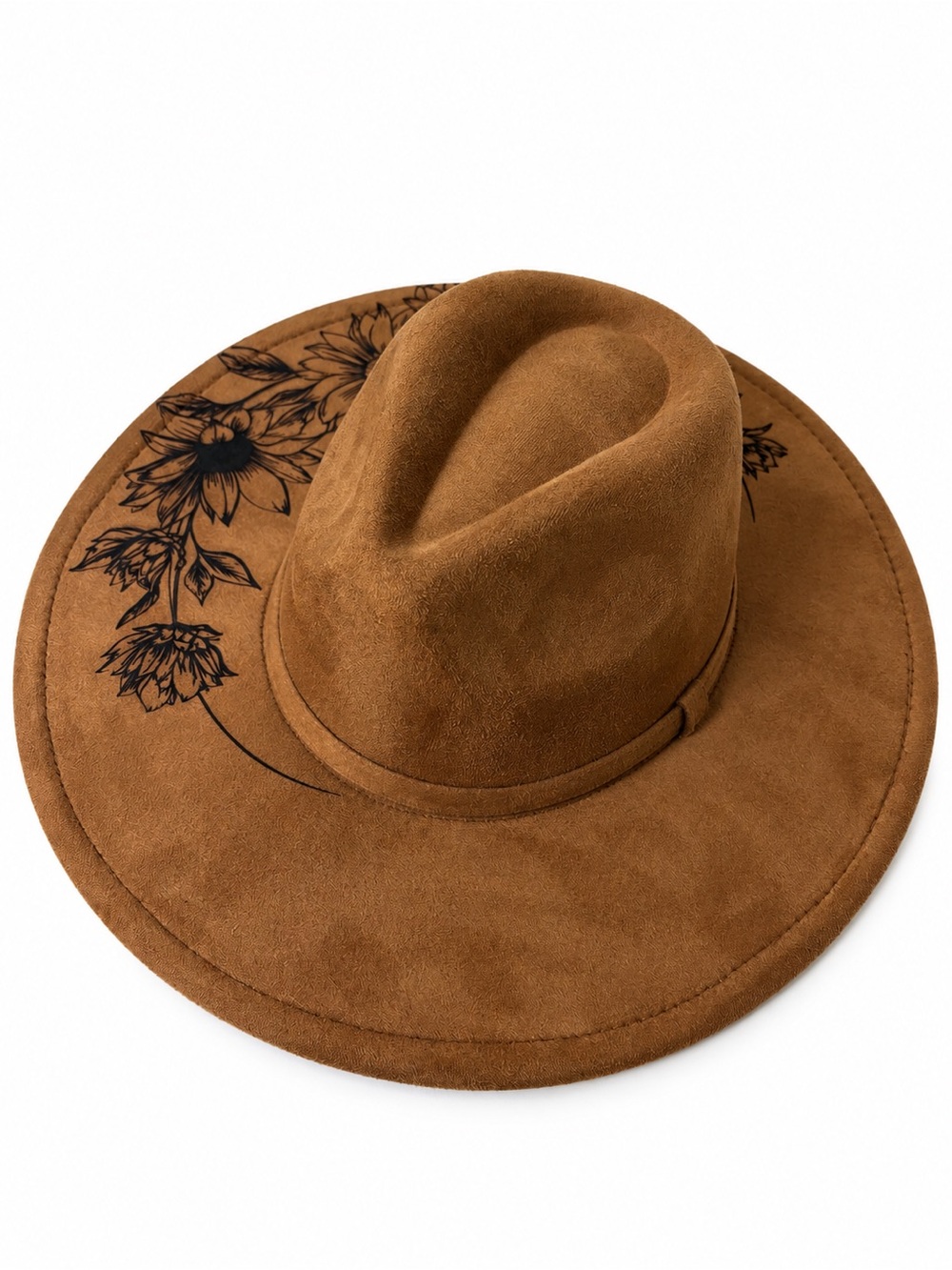 Brown Suede Floral Embroidered Hat